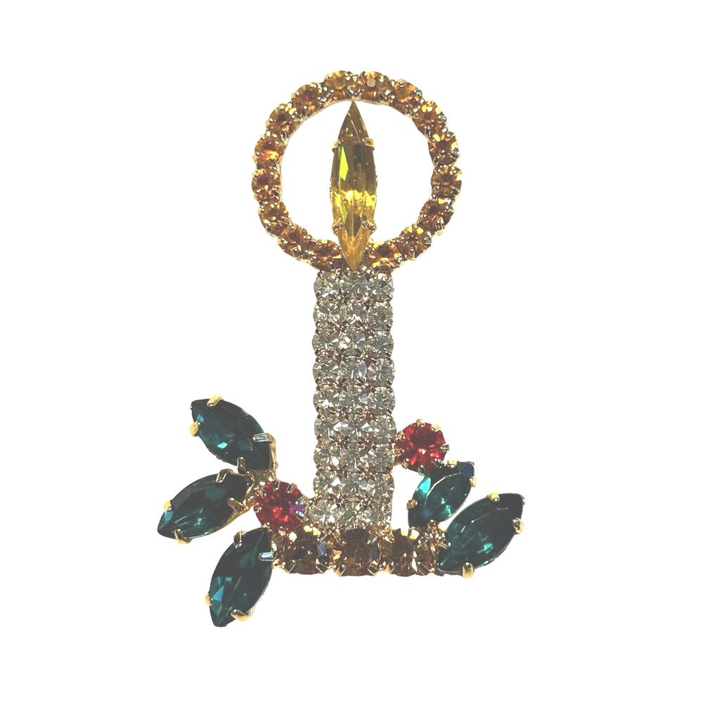 Vintage Christmas Candle brooch golden rhinestones green yellow red crystals